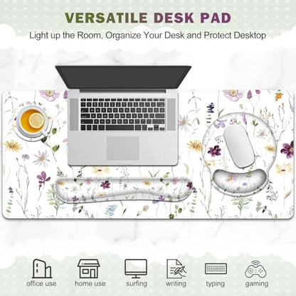 Gaming Mouse Pad, Large Desk Mat Cute Desk Pad Protector, 4in1 XXL Mousepad | + Keyboard Wrist Rest+Mouse Wrist Rest+Coaster Set with Ergonomic Desk Pad for Home Office Computer, Purple Flower Plants - color: Purple Flower Plants