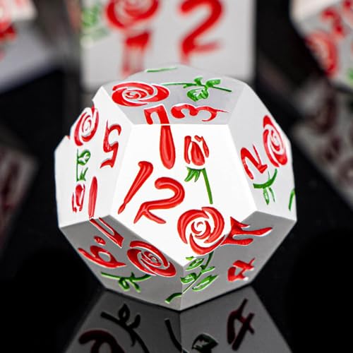 Gothic DND Dice Set Bleeding Rose Metal D and D Dice for use with Dungeons Dragons D&D Role Playing Game, Red RPG Polyhedral Dice Set D20 D12 D10 D8 D6 D4 - color: Red&silver&red Numbers