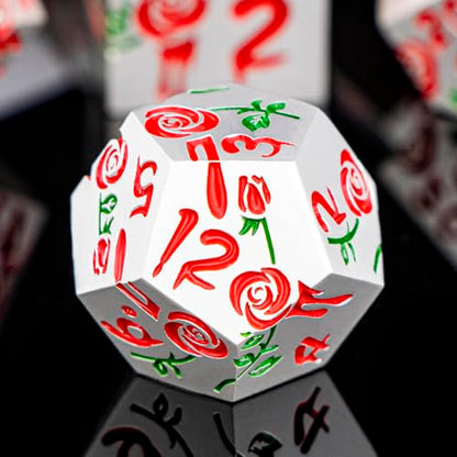 Gothic DND Dice Set Bleeding Rose Metal D and D Dice for use with Dungeons Dragons D&D Role Playing Game, Red RPG Polyhedral Dice Set D20 D12 D10 D8 D6 D4 - color: Red&silver&red Numbers