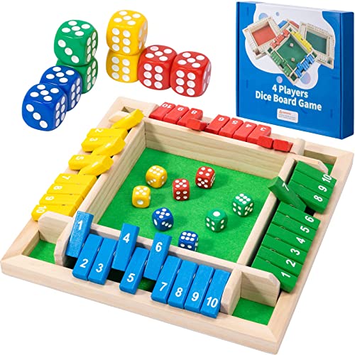 Shut The Box Dice Game,8 Dice 4 Players Wooden Board Table Math Skills Game with Drop it Game Instructions for Kids Adults Easy to Learn, Family and Friends Party (8 Inches Colorful) - size: 8.74 inches