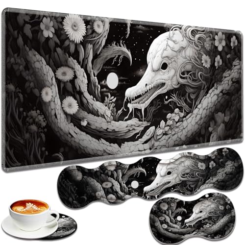 Large Gaming Mouse Pad + Keyboard Wrist Rest + Wrist Support + Coaster Set, Memory Foam Ergonomic for Easy Typing, XXL Extended Gaming Mouse Pad Table Pad - Black Snake - color: Black Snake