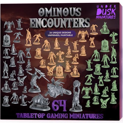 Underdusk Ominous Encounters: 64 Unpainted DND Miniatures Bulk Set for Dungeon Masters – 24 Designs, 28mm Figures with 4 Huge Boss Monsters – D&D 5e & Pathfinder Compatible, Stat Blocks Included