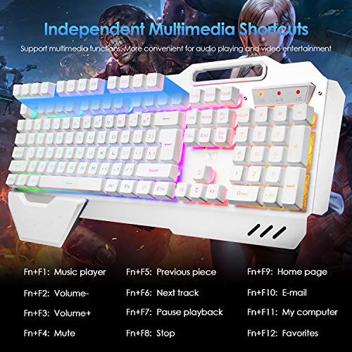 Wireless Gaming Keyboard and Mouse,RGB Backlit Rechargeable Keyboard Mouse with 5000mAh Battery Metal Panel,Removable Hand Rest Mechanical Feel Keyboard and 7 Color Gaming Mute Mouse for PC Gamers - color: White RGB