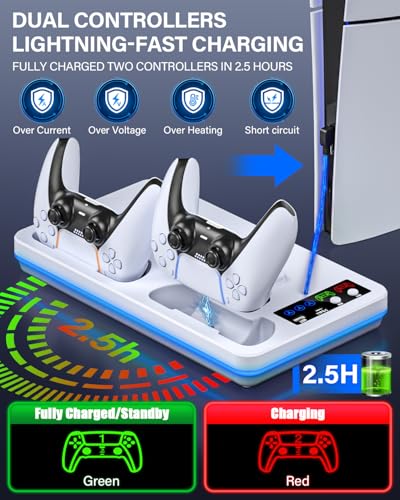 ZRZLMVP PS5 Slim/PS5 Stand and Cooling Station with Controller Charging Station for PlayStation 5 Slim&Standard Disc/Digital Consoles, PS 5 Cooler Accessories Incl Controller Charger, Cooling Fan