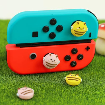 Switch Joycon Thumb Grips Caps, 4 PCS Cute Kawaii 3D Silicone Analog Thumbstick Button Cover Compatible with Nintendo Switch Lite/OLED Joystick Caps (Pink+Yellow Bee) - color: Pink+Yellow Bee