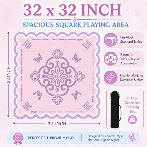 Neoprene Mahjong Mat for Table, 32 x 32 Inch Square Mahjong Table Mat with Carrying Bag, Non Slip Rubber Backing, Noise Reducing Game Mat for American Mahjong, Dominoes, Cards, Board Games (Pink) - color: Pink