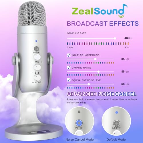 ZealSound Podcast Microphone for PC, Noise Cancellation USB Mic with Gain, Volume Adjustment & Mute Button, Monitoring & Echo, for YouTube, TikTok, Podcasting, Streaming, iPhone, iPad, Android(Silver) - color: Silver