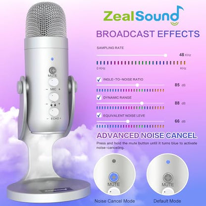ZealSound Podcast Microphone for PC, Noise Cancellation USB Mic with Gain, Volume Adjustment & Mute Button, Monitoring & Echo, for YouTube, TikTok, Podcasting, Streaming, iPhone, iPad, Android(Silver) - color: Silver