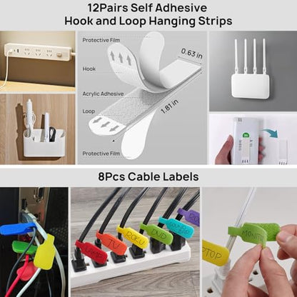 193 PCS Cable Management Kit - 4 Cable Sleeve, 57 Self Adhesive Cable Clips, 12 Hanging Strips, 12 Cable Organizer Straps and 100 Fastening Cable Ties for TV Computer Under Desk (White) - color: White