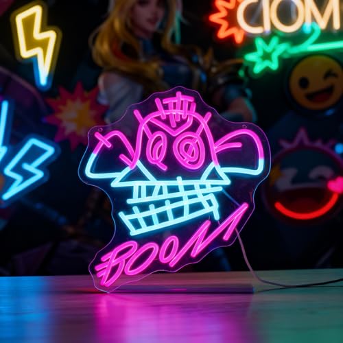 "BOOM!" Neon Sign with Cyberpunk Girl Art – 13.8"x12.2" Pink & Blue LED Wall Decor – Graffiti Style Light for Gaming Room, Bedroom & Street Art Space - color: Pink & Blue