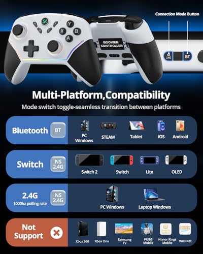 Multi-Platform Wireless Controller, PC Gaming Controller with 2.4G Adpater/Hall Joysticks/Hall Triggers/1200 mAh Battery/4 Programmable Buttons/RGB Lighting, Compatible with PC Windows 7/8.1/10/11, Switch/OLED/Lite, iOS, Android, Steam-White - color: Whit