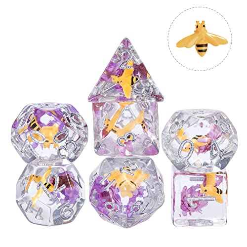 Cusdie 7-Die DND Dice, Polyhedral Dice Set Filled with Animal, for Role Playing Game D&D Dice (Bee Purple Flower) - color: Bee Purple Flower