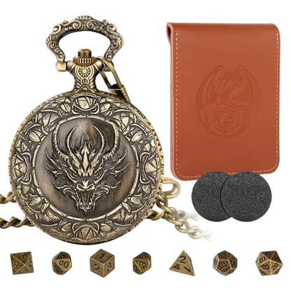 Mini DND Dice Set, Steampunk Dragon Head Pocket Watch Shell Case, 7 Piece Polyhedral D&D Dice, DND Leather Gift Bag with Dragon Logo, MTG, Role Play Board Game Accessories, Bronze Dragon Gifts - color: Dragon Head