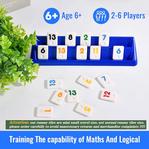 Doublefan Mini Rummy Cube Game, Mini Size Rummy Set with Portable Canvas Bag, Small Travel Board Game for Adult and Kids,160 Tiles, 6 Playing Rack, 1 Dice (2-6 Players) - style: Mini Size (2-6 Player)