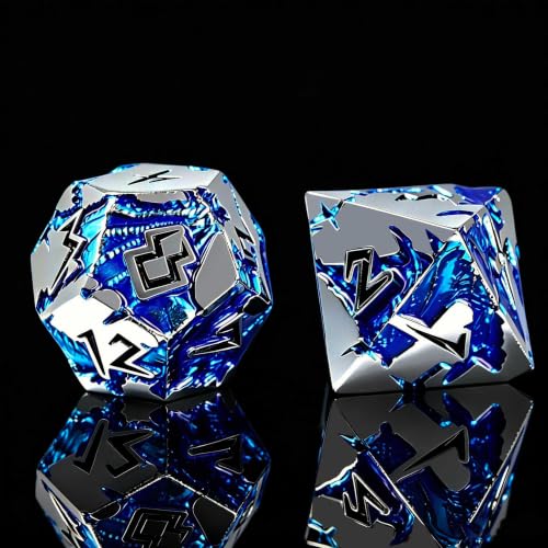 D&D Metal Dice Set, 7 Die Weighted Polyhedral Dice for Dungeons and Dragons and Pathfinder, Blue Dragon Engraved RPG Dice with Easy Read Numbers & Protective Gift Box for Tabletop Role Playing Games - color: Silver Black