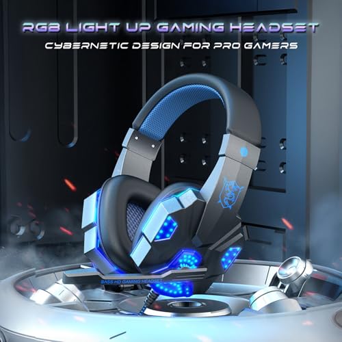 Stereo Gaming Headset for PS4 PC Xbox One PS5 Controller, Noise Cancelling Over Ear Headphones with Mic, LED Light, 7.1 Surround Sound, Soft Memory Earmuffs for Nintendo Xbox Series X|S-Black/Blue - color: Black/Blue