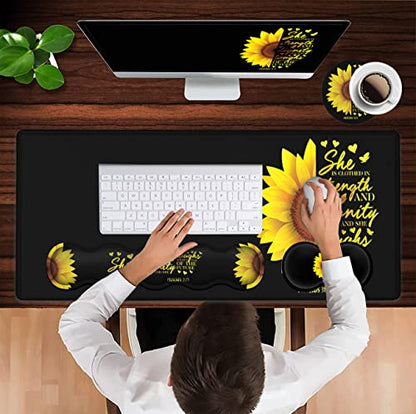 Gaming Black Mouse Pad + Keyboard Wrist Rest XL Large Mouse Mat Sunflower Christian Verse Proverbs 31-25 Extended Desk Pad Non-Slip Rubber Mice Pads Stitched Edges Pad (31.5x11.8 in) - color: JV-mouse pad-8-3