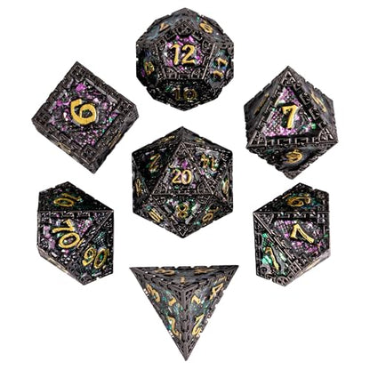 UDIXI Sequins Metal Dice Set D&D Dragon Metal DND Dice for Tabletop Games | 7-Pieces, Dragon Carved, Chain-edge Design, Metal Gift Box, DM Gift, for Dungeons and Dragons Role Playing Games - color: Chain Frame-green Purple Sequins