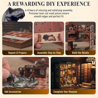 2026 Dinosaur Book-Nook Kits LED 3D Wooden Dino Library Puzzles Fossil Museum Themed Gift for Adults&Teen Kids DIY Miniature House Diorama- Bookshelf Room Decor with LED Softer Light, Bday Present