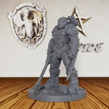 AUSPDICE 32mm Sci-Fi Unpainted Miniature, Power Armor Soldier, AS324 | Heroic Human Combat Figure with Full Helmet and Sword for Tabletop RPG Gaming, Miniature Games, TTRPGs and RPG Accessories