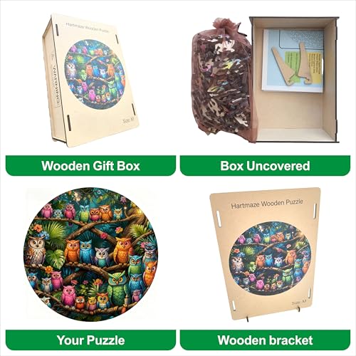 Hartmaze Wooden Jigsaw Puzzle - Owls Cozy Habitat, 178 Unique Irregular Pieces, 11.2x11.2 Inch, Exquisite Wooden Gift Box, Challenging Art Puzzle for Adults & Kids Ages 8 and Up - color: Owls Cozy Habitat
