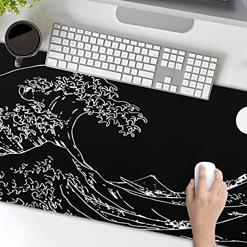 Black and White Japanese Sea Wave Mouse Pad,Extended Large Gaming Mouse Pads 31.5x11.8 in,Japanese Kanagawa Desk Mat,Laptop Mousepad Non-Slip Rubber MousePads for Office Home Travel - color: Japanese Sea Wave, size: 11.8" x 31.5"