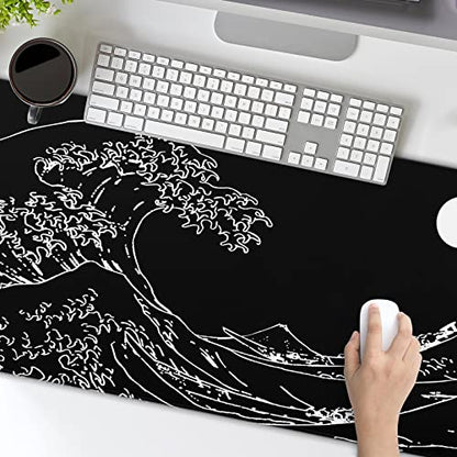 Black and White Japanese Sea Wave Mouse Pad,Extended Large Gaming Mouse Pads 31.5x11.8 in,Japanese Kanagawa Desk Mat,Laptop Mousepad Non-Slip Rubber MousePads for Office Home Travel - color: Japanese Sea Wave, size: 11.8" x 31.5"