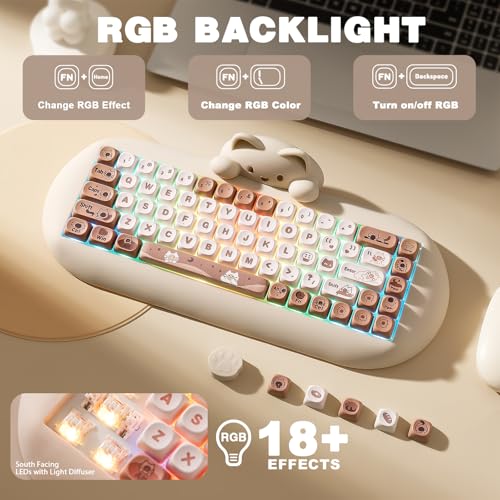 YUNZII C68 Silicone Cute Cat Mechanical Keyboard (Brown,Cocoa Cream Switch) | Wireless Triple Mode BT5.0/2.4G/Wired, RGB Backlit NKRO, Cute Cat Silicone Ergonomic Design for Win/Mac - color: Brown, size: Cocoa Cream V2 Switch