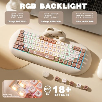 YUNZII C68 Silicone Cute Cat Mechanical Keyboard (Brown,Cocoa Cream Switch) | Wireless Triple Mode BT5.0/2.4G/Wired, RGB Backlit NKRO, Cute Cat Silicone Ergonomic Design for Win/Mac - color: Brown, size: Cocoa Cream V2 Switch