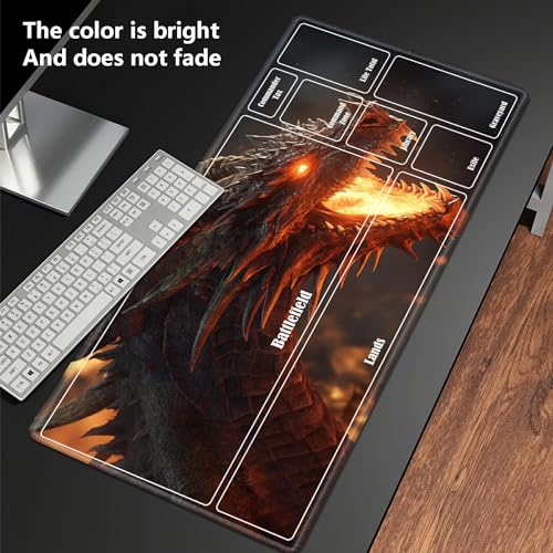 Board Game Mat TCG Playmat Plus 50 Pcs Card Sleeves, 24 x 14 inches Table Mats Games Mousepad with Zones Smooth Surface for MTG RPG CCG Trading Card Game Play Mats, Fiery Dragon - color: Fiery Dragon, size: Zone 1