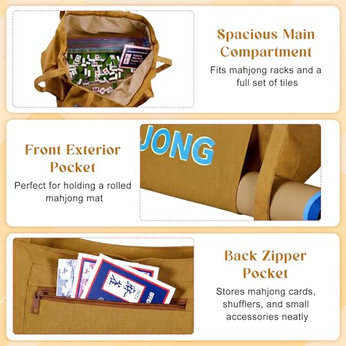 Abbylike 28x9 Inches Mahjong Bag for Rolled Mat Tiles Racks Pushers Accessories Empty Mahjong Tote Bag with Zipper Closure Outer Pockets Lining Large Capacity(Brown,Canvas) - color: Brown