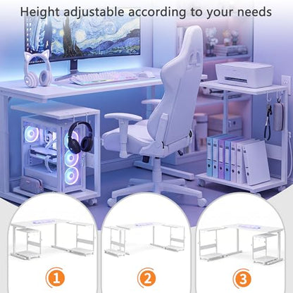 Height Adjustable PC Tower Stand with Charging Station | Computer Tower Stand with LED Light Strip, 23.6" × 15.7" Mobile Rolling CPU Holder for Office Home (White Texture,Large) - color: White Texture, size: 23.6'' × 15.7''
