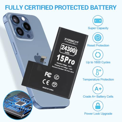 XYIRMCYF 24300mAh Super Capacity Battery Compatible with iPhone 15 Pro, New 0 Cycle-Li-Polymer Replacement Battery for iPhone 15 Pro, with Professional Repair Tool Kit - color: 15Pro-24300