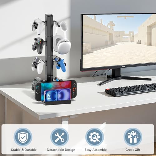 Headphone and Game Controller Desk Stand for PS5/ Xbox/ PS4 Controller, 4 Tiers Headset Hanger with Organizer for Switch 2/1/PS Portal Game Console, Multiple Controller Storage Dispay Rack- 8 Hooks