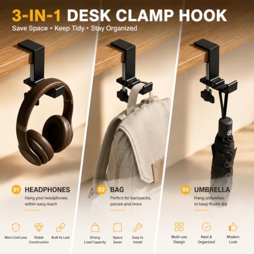 JAKO Headphone Stand for Desk, Aluminum Alloy Foldable Headphone Holder - Headset Stand Hook Mount, PC Gaming Headset Holder Under Desk Clamp for Office, Computer, Student Class Table, Handmade Table - color: Black