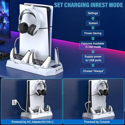 PS5 Slim Stand and Cooling Station with Controller Charging Station for Playsation 5 Slim&Standard Disc/Digital Console, PS5 Accessories Incl. Controller Charger/Turbo Fan/3 USB Hub/Headset Holder - color: WORK WITH PS5 Slim and PS5