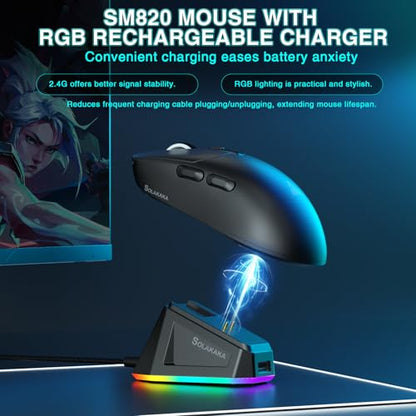 SOLAKAKA SM820 Wireless Gaming Mouse with RGB Charging Dock,24000 DPI Tri-Modes Wireless Mouse with 2 Side Buttons,Programmable Macro Mouse for Gaming(Black) - color: black