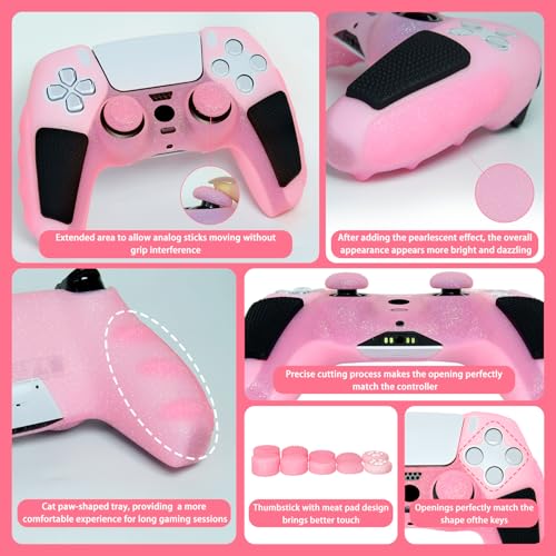Pink Glitter Anti Slip Soft Thicked Studded Silicone Cover Skins Compatible with PS5 Controller,Include 8 PCS Pink Thumb Grips Glow and 2 Cat Paw Grips Accessories. - color: Pink Black