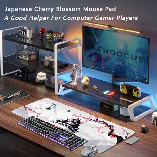 Japanese Cherry Blossom Gaming Mouse Pad 31.5x11.8in Pink Full Desk Japanese Sakura Gaming Mouse Pad Large Non-Slip Rubber Base Waterproof Big Keyboard Mat with Stitched Edges for Game Office - color: Japanese Cherry Blossom, size: 31.5" x 11.9"