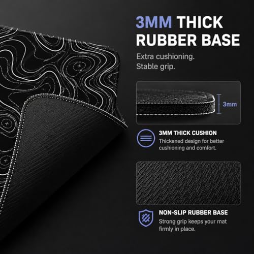 Topographic Gaming Mouse Pad 35.4x15.7 Inch, 0.12 Thickness, Extended Full Desk Mat, Non-Slip Rubber Base, Water Resistant Surface, Black Mousepad for PC Gaming, Office, E-Sports - color: Black Topographic Map