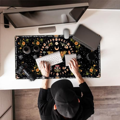 Moth Desk Pad Mushroom Phase Moon Phase Desk Mat, Boho Flowers and Leaves Computer Big Mouse Pad Washable Cloth Non-Slip Rubber Base Keyboard Pad Mouse Mat for Office with Stitched Eges 31.5x15.7 in - color: Black Butterfly Moon