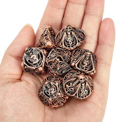 Metal Skull Dice Set Hollow Multi-Sided Dungeons & Dragons Dice 7CPS Role-Playing Dice Set with Flannel Bag Suitable for D&D Board Game Cards(Antique red Copper) - color: Antique Red Copper