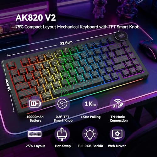 AK820 V2 75% Compact Mechanical Keyboard, 81 Keys, Tri-Mode (2.4G/Bluetooth/Wired), 10000mAh Battery, 0.9” TFT Smart Display Knob, Gasket Mount, Hot-Swappable, RGB Backlit, Black Contour Keycaps - color: Black Contour