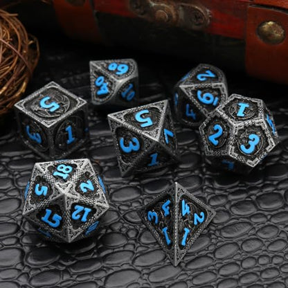 Haxtec Metal DND Dice Set Black Blue Dragon D&D Dice Set with Leather Dice Bag Metal Polyhedral Dice Compatible with Dungeons and Dragons Gifts TTRPG Dice - color: Matt Black Blue