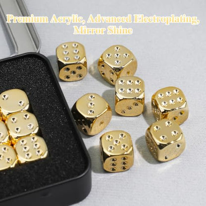 15 Pieces 16mm Electroplated Gold-Color 6 Sided Dice Set with Metal Box, 1-6 Number Dots D6 Dice for RPG D&D MTG Tabletop Board Games, Classroom Teaching or Math Learning