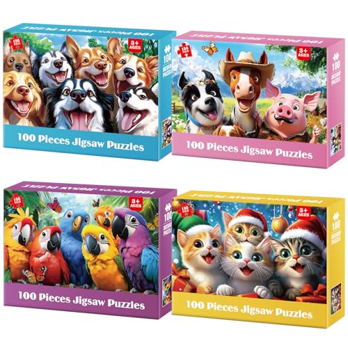 4 Packs 100 Piece Puzzles for Kids Ages 4-6 6-8 - Lovely Animals Selfies, Large Piece Puzzles for Seniors Adults Puzzle for Kids Ages 8-10 Educational Learning Puzzle Toys Gifts for 5 Year Old Child - color: Animals Selfies