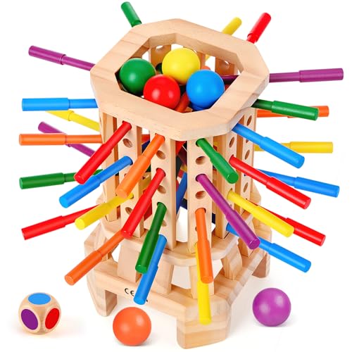 Montessori Wooden Board Game, Colorful Sticks & Ball Drop Games for Kids, Fine Motor Skills & Math Learning Toy for 3 4 5 6 Year Old, 2-6 Player Family Travel Game, Birthday Gift for Boys Girls Age 3+