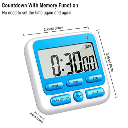 4-in-1 Digital Timer with Count Up/Down, Clock & Alarm, Ring & Silent Modes | Large 2.8-Inch easy-read LCD, On/Off switch, 24-Hour count up/down, Fast-forward function, Magnetic back, stand, hanging hole - color: Blue
