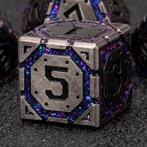 Metal D&D Dice Set, Polyhedral Metallic Dice with Cracks for Dungeons and Dragons RPG TTRPG DND 7-Die Set with Gift Case - color: Ancient Nickel Purple
