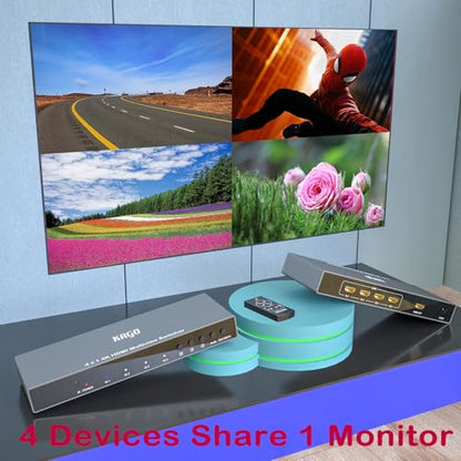 KAGO 4K HDMI Multi Viewer 4x1 Quad Switcher | 5 Display Modes, 7.1CH Audio Pass-Through, Seamless Switching, IR Remote, Heavy-Duty Metal - size: MV 1 x 4